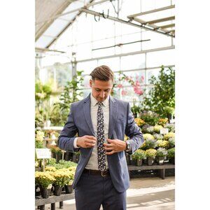 Men's Skinny Tie Floral Print Cotton Necktie Great for Weddings Blueberry Bliss